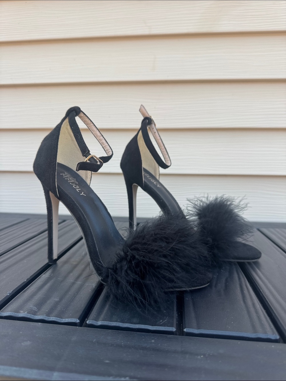 Feather-Trim Black Ankle-Strap Stiletto Heels